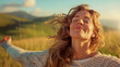 © OHMAl2T - Woman with closed eyes and outstretched arms, meditating in a serene natural setting, tapping into inner peace and spiritual imagination