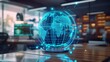© Suryani - Digital globe with glowing blue connections on a desk in a modern office setting. Concept of technology, globalization, and data networking
