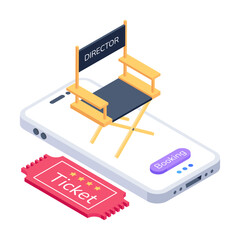 Sticker - Have a look at online movie booking isometric icon 

