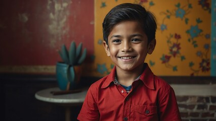 Wall Mural - kid boy in red shirt smiling portrait in vintage retro background concept