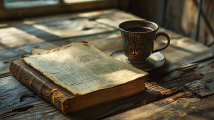 Wall Mural - old book and coffee on a wooden table