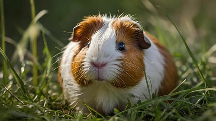 Wall Mural - Close-up of a cute guinea pig with brown and white fur in a grassy outdoor setting