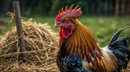 Sticker - Close-up of a rooster in a farm setting with hay in the background