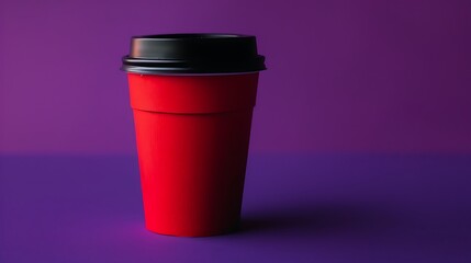 Wall Mural - Red coffee cup and black lid on purple background