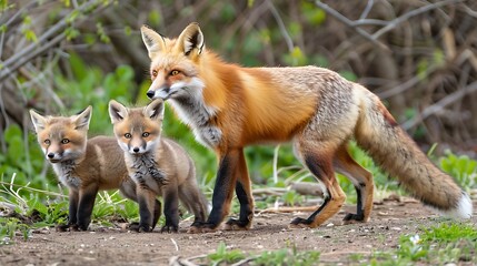 Wall Mural - red fox mom and cubs