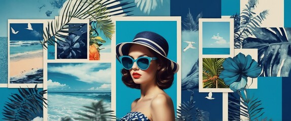 Wall Mural - blue theme retro summer fashion magazine concept collage background for banner