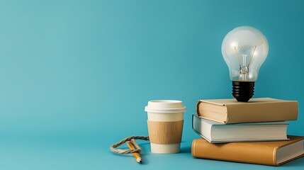 Wall Mural - Stack of books light bulb pencil and coffee cup over blue background