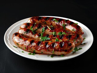 Wall Mural - Delicious grilled sausages on a white plate.