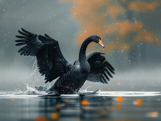 An elegant black swan drifts gracefully on water