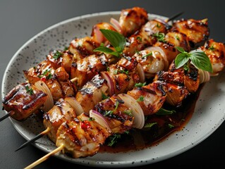 Grilled chicken skewers on a plate. Tasty and savory barbecue dish perfect for summer cookouts.