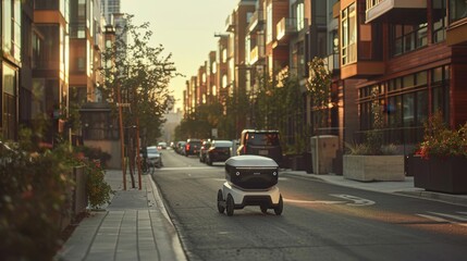 Wall Mural - A small robot car is driving down a city street