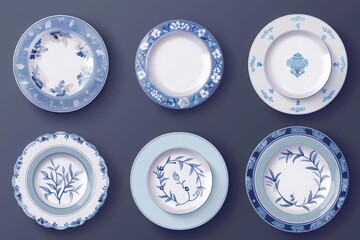 A collection of six blue and white decorative plates arranged in two rows on a dark gray background, showcasing various intricate designs.