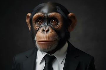 portrait of a Chimpanzee  wearing black suit and black necktie 