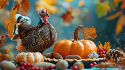 Poster - Turkey near pumpkins