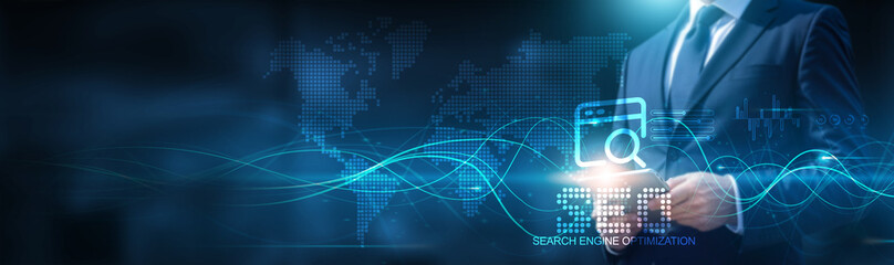 Poster - Businessman using tablet on a secure global network connection to research and analyze with SEO data and development of content marketing. Technology and digital marketing working together.