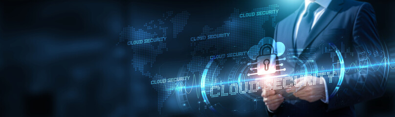 Poster - businessman using tablet on global network connection on cloud security and data with cloud security