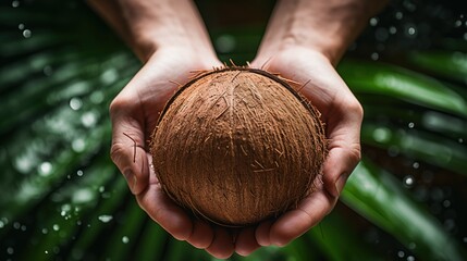 Poster - Hands holding a whole coconut with green leaves in the background.