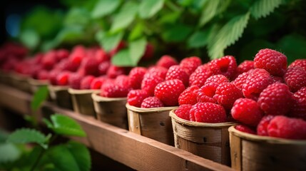 Fresh raspberries in small wooden baskets arranged in a row on a wooden shelf, with green leaves in the background.