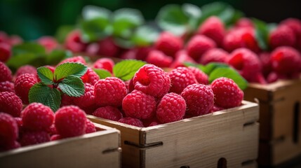 Fresh raspberries in wooden crates with green leaves, showcasing their vibrant red color and juicy texture.