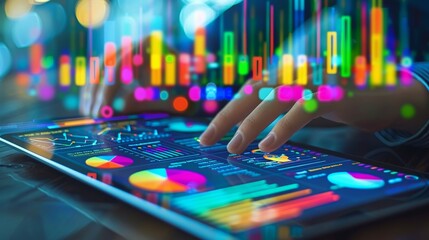 An illustration of a business analyst using a tablet to analyze data in a digital dashboard, with colorful charts and graphs displayed on the screen, representing the use of techno