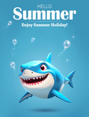 Wall Mural - Hello summer poster with 3d shark cartoon character