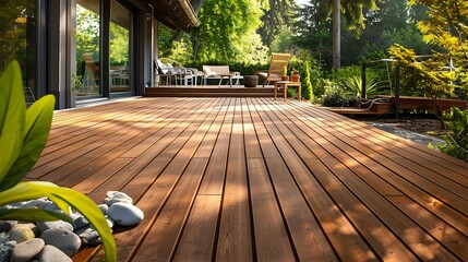 inviting backyard wooden deck with lush garden and outdoor furniture