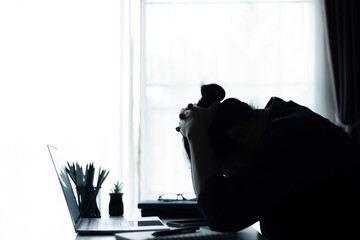 Wall Mural - Businesswoman faced challenging problem at office, navigating work stress and using her computer to find solutions amidst feelings of depression. problem, woman, job, business, stress, depression.