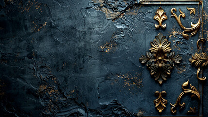 Gold ornate detail on dark blue wall