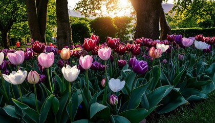 Poster - Amidst a tranquil garden, a symphony of tulips dances in the gentle breeze, their vibrant hues of pink, purple, red, and white painting a picturesque scene of springtime