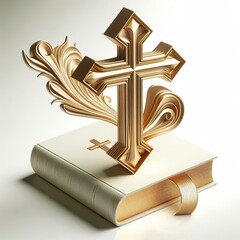 A three-dimensional design, Gold stylized Christian Cross and Bible book