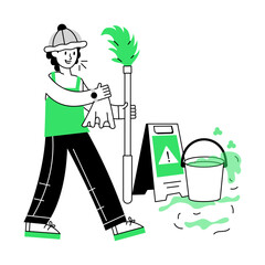 Wall Mural - Modern line style mini illustration of floor cleaning 

