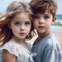 two cute children girl and boy on the beach