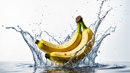 Promotional photo of ripe bananas in splashes of water on a white background.