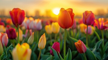 Wall Mural - Sunset Tulips Field