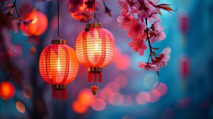 Wall Mural - Reflective moment under a cherry blossom tree adorned with lanterns during The Moon Festival capturing the beauty of nature and tradition Stock Photo with copy space