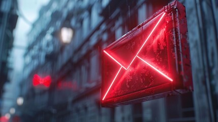 Poster - Neon Mail Sign in Rainy City