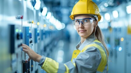 A female engineer in a hard hat and safety glasses operates machinery in a modern industrial setting.