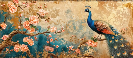Naklejka na meble Peacock and Cherry Blossom Branch on a Gilt Background