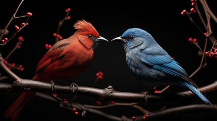 Wall Mural - two birds are looking at each other and one has a red head.