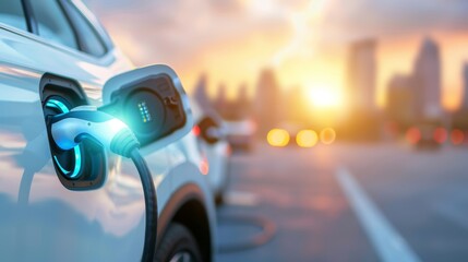 An electric car plugged into a charging station with a city skyline in the background. The sun sets over the horizon.