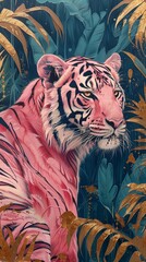 Wall Mural - ai generated illustration of a pink tiger in a lush jungle with golden leaves.