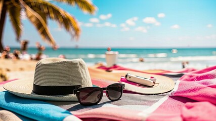 Wall Mural - Glasses and a straw hat on the beach