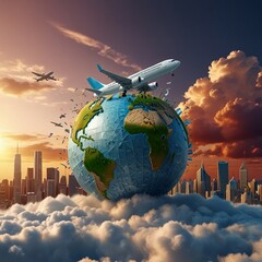 Travel the world monument, airplane is flying, city building in the monument, white cloud in the sky, sunset background