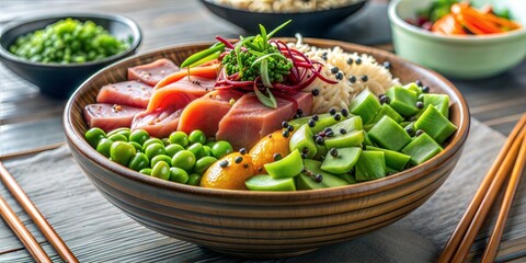 Sticker - food bowl with chopsticks, salmon and vegetables