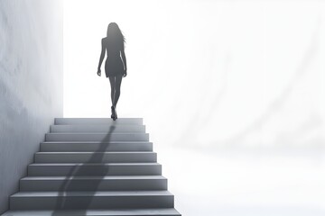 A businesswoman walking up the steps of success on white background, minimal concept of growth and development with copy space. Conceptual illustration for human beauty ,time to move forward in your l