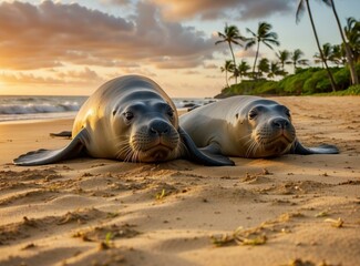 Poster - Two seals lying on the beach. AI.