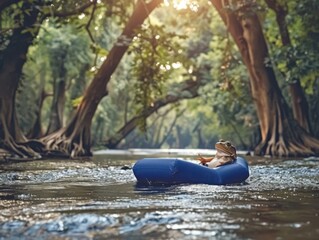 Sticker - A frog is chilling on a float in a river. AI.