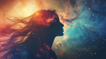 Wall Mural - a beautiful blonde woman's head and upper body with the background of a galaxy and space