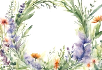 Wall Mural - frame plants chaplet botanical field summer watercolor illustration rbs drawing wreath natural flowers rbal green background