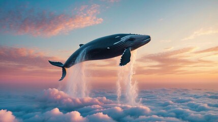 Canvas Print - A whale is flying in the sky above the clouds. AI.